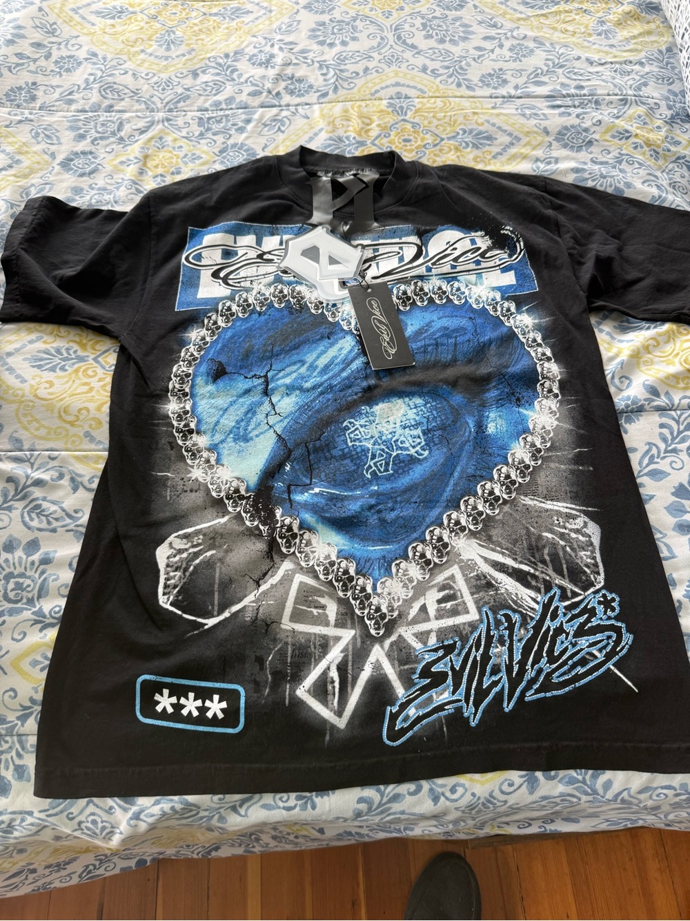 Evil Vice Mens Short Sleeve Tee with Blue Heart Graphic